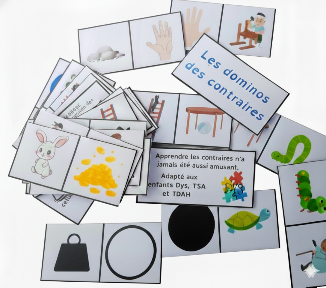 Domino contraires antonymes opposés jeu logique vocabulaire TDAH TSA Dys inclusion ULIS collège