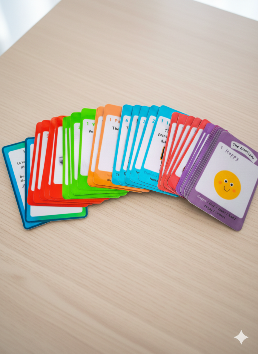 Jeu de cartes Game of 7 Families en anglais avec code couleur par thématique