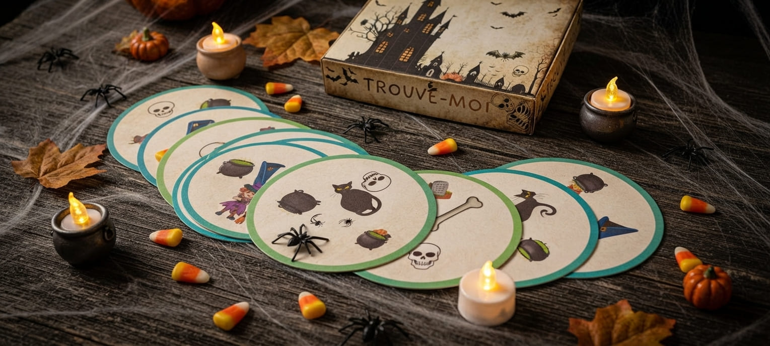 Jeu Trouve-Moi Halloween type Dobble observation rapidité sorcière chat noir chaudron TDAH TSA