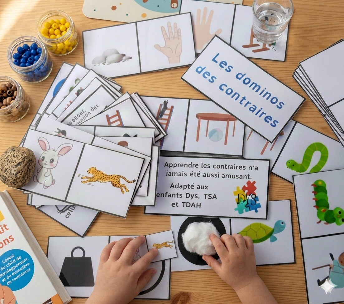Domino des Contraires – antonymes opposés jeu éducatif visuel enfant TDAH TSA