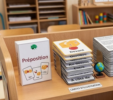 Jeu de cartes éducatif sur les prépositions spatiales (sur, sous, dans...)