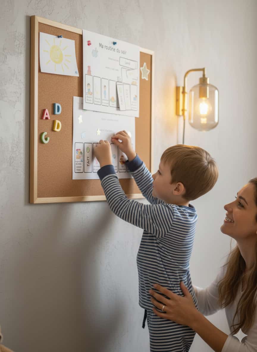 Tableau visuel de routine matin et soir avec pictogrammes à scratch pour structurer le temps de l'enfant