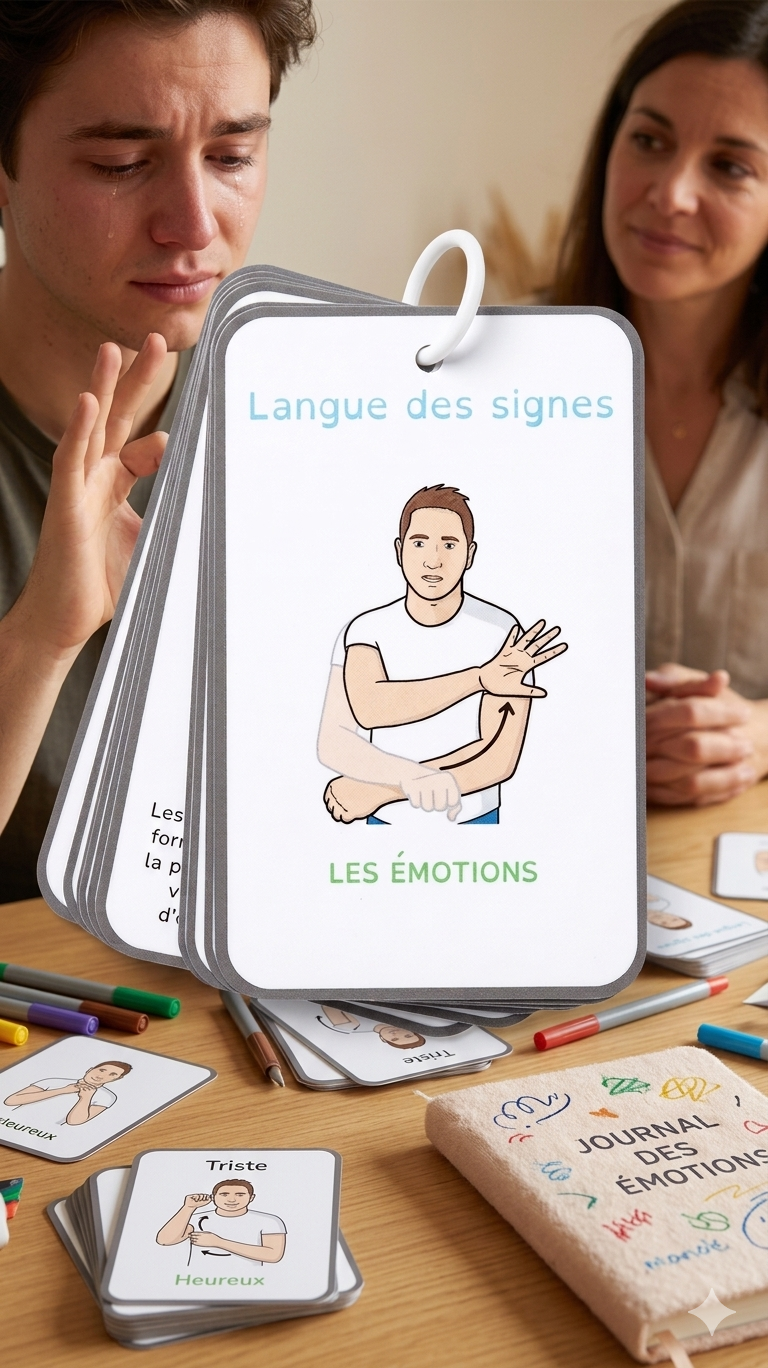 Trousseau de fiches LSF dédié aux émotions avec anneau blanc